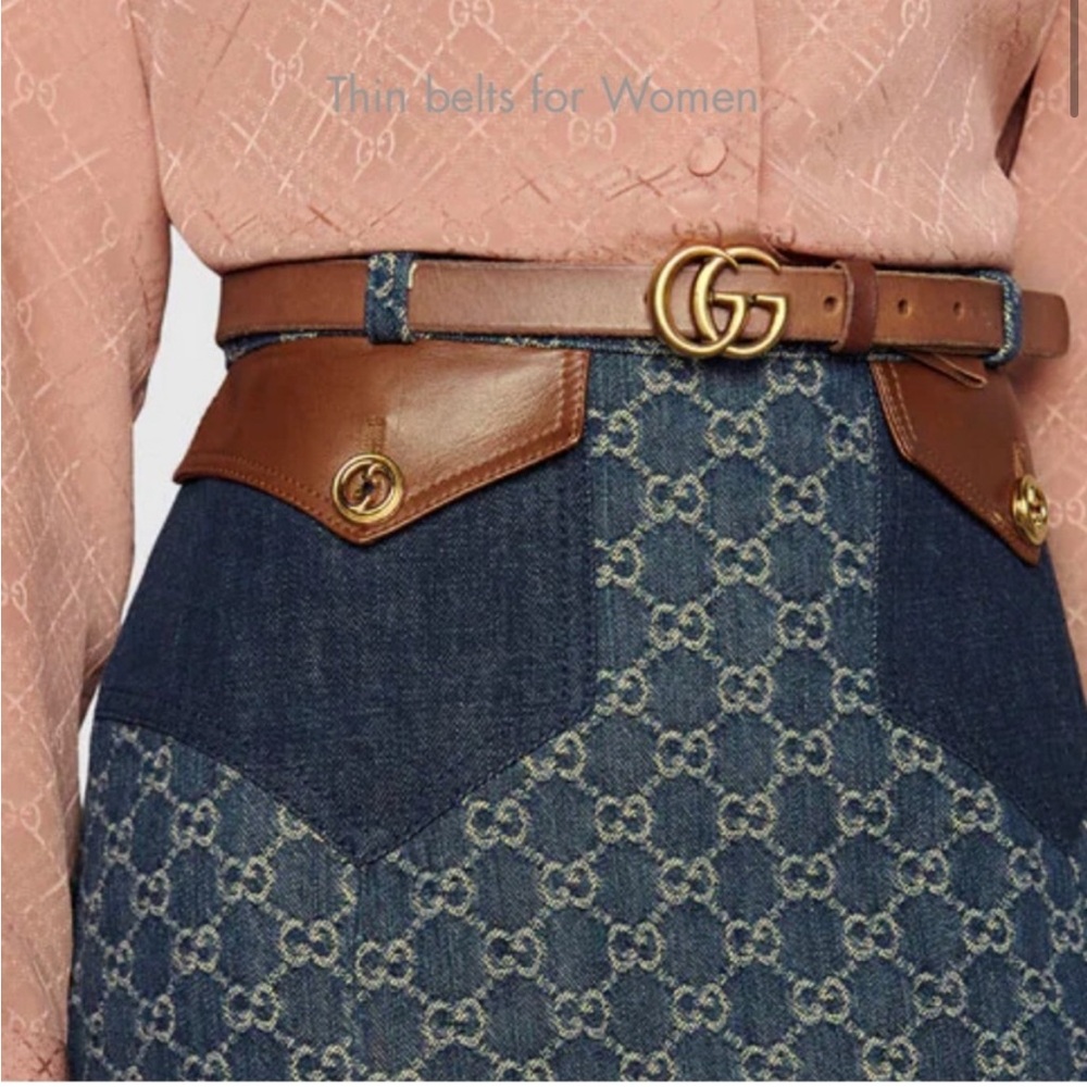 Gucci Faded Calfskin Leather Double G 20mm Thin Slim Brown Tan Gold Belt Size 75
